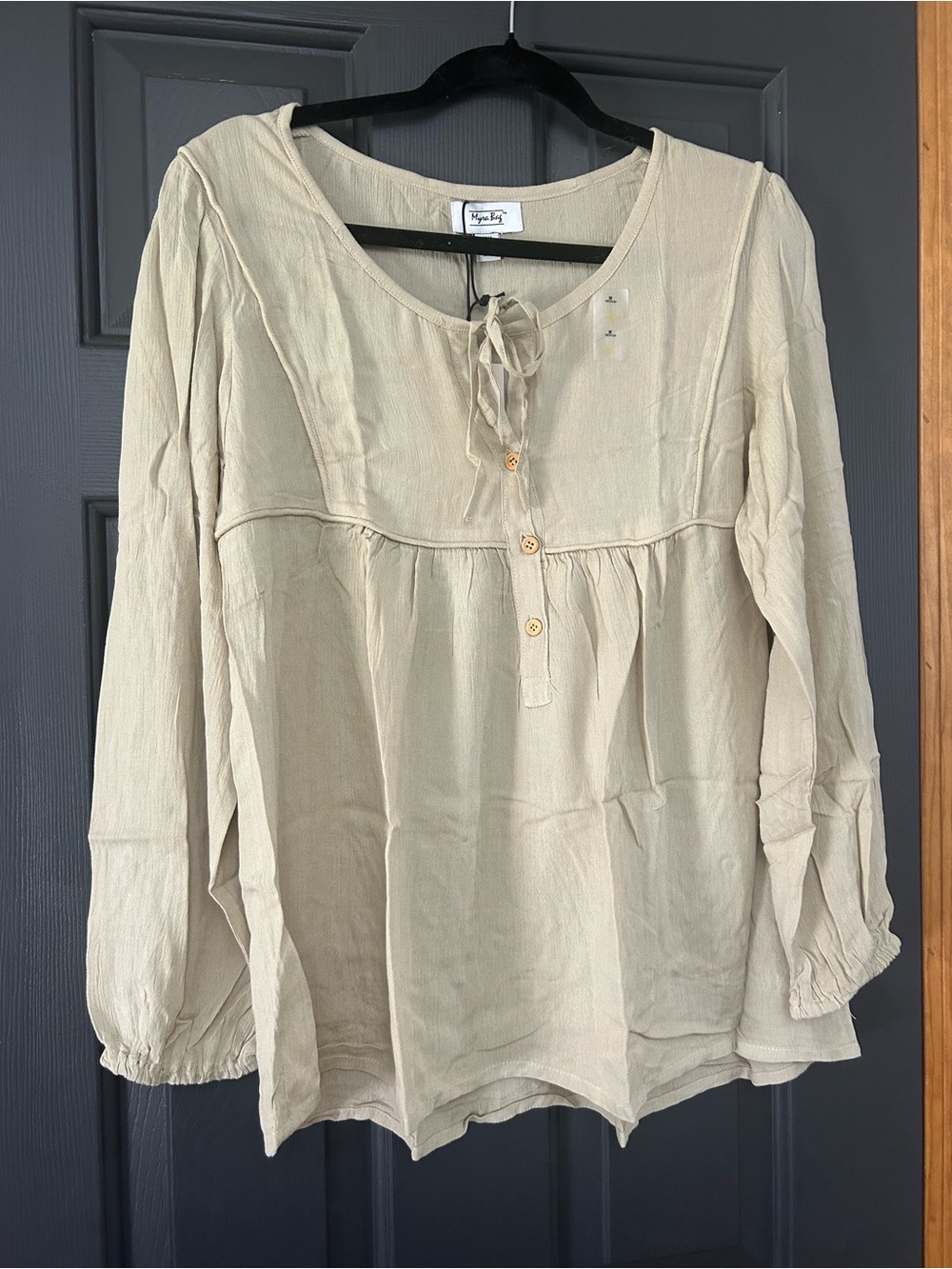 Myra Bag Beige Tie-Neck Peasant Blouse